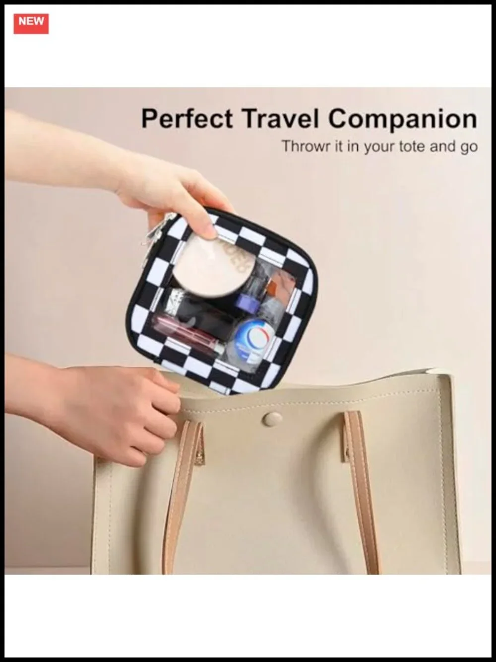 Mini Clear Checkered Makeup Bag - Water-Resistant Nylon Cosmetic Pouch Travel